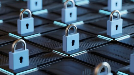 High-Tech Circuit Board with Floating Blue Chrome Padlocks – Data Protection Visual