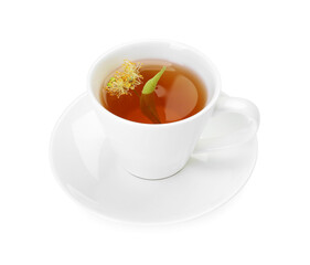 Tasty linden tea in cup, leaves and flowers isolated on white