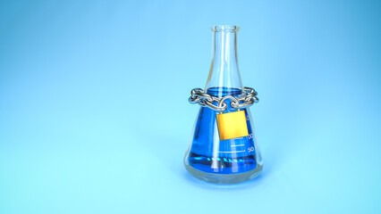 Freedom of science concept. A chain and a padlock wrapped around a laboratory glass flask.