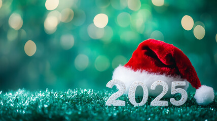Santa cap on fluffy 3D numbers 2025 on green background, offering clean layout for cheerful Christmas messaging
