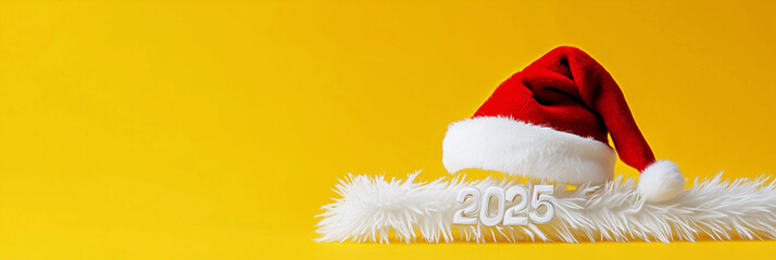 Santa hat placed on 2025 white fluffy 3D numbers over yellow backdrop with ample copy space for holiday greetings