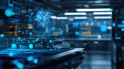 High tech laboratory featuring holographic displays and digital interfaces, showcasing advanced technology and innovation