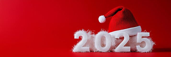 Simple red background with 3D white 2025 numbers and festive Santa hat, perfect for subtle Christmas and New Year graphics