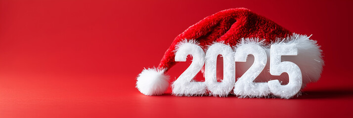 Vibrant background highlighting fluffy 3D 2025 numbers in white with Santa hat, seasonal image for festive campaigns