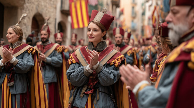 Parade of Costumed Participants at La Patum de Berga Festival in Traditional Catalan Uniforms Celebrating Cultural Heritage and Historic Ceremony