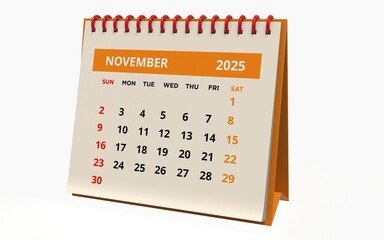 Standing Desk Calendar November 2025. Business monthly calendar with red spiral-bound, the week starts on Sunday. Monthly Pages with orange title, isolated on white background, 3d render