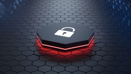 3D Padlock Symbol on Floating Hex Button with Futuristic Blue Grid