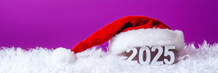 White fluffy 3D 2025 numbers with Santa hat set on joyful purple background to celebrate holiday spirit and new year cheer