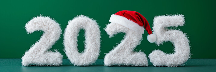 White 3D numbers 2025 with festive Santa hat over bright green setting for seasonal and New Year holiday content