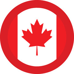 Vector illustration of Canada national flag in circular format featuring iconic red maple leaf on white background with red side borders, symbol of Canada