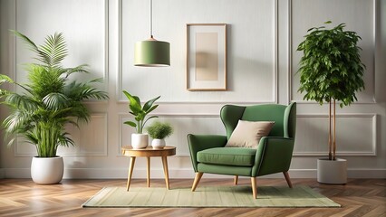 Minimalist composition of living room interior with design green armchair, mok up poster frame, plant and decorations. Home decor
