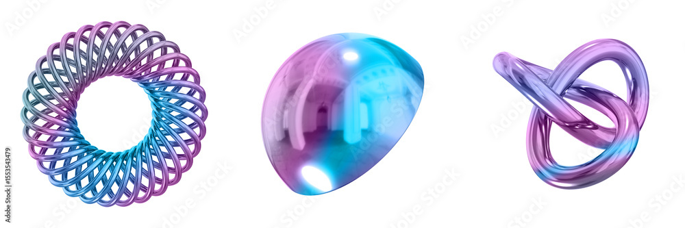 Poster 3D Abstract Shape Objects, 3d rendering metallic gradient shape design element, futuristic, shiny design
