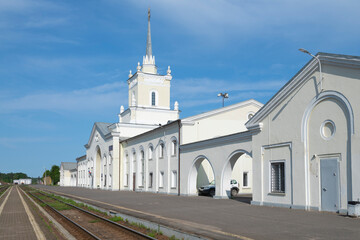 Naklejka premium The railway station building on the Dno station on a sunny June morning