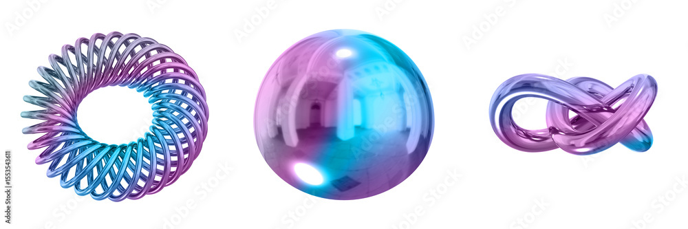 Poster 3D Abstract Shape Objects, 3d rendering metallic gradient shape design element, futuristic, shiny design
