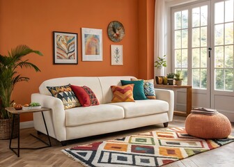Modern cozy living room with white boucle sofa, orange wall and eclectic decor in bold colors