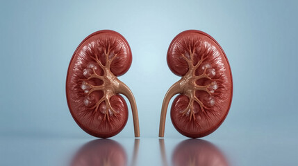 A realistic 3D rendering displays two halved human kidneys revealing intricate internal details like renal pyramids and the collecting system The organs are presented against a soft blue gradient