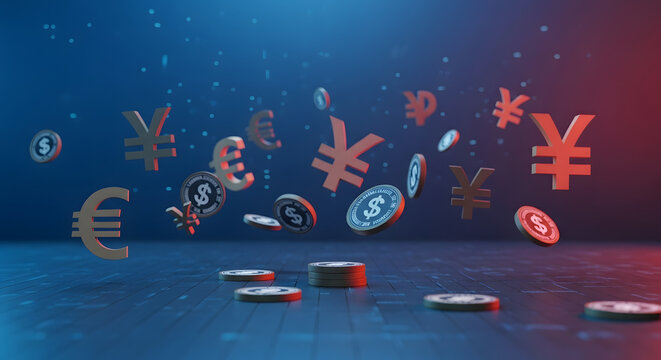 Digital Currency Landscape with Floating Currency Symbols