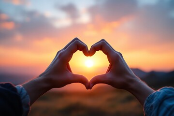 Heart shape with hands at sunset