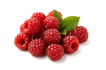 A close-up studio shot showcases a cluster of juicy red raspberries A few fresh green mint leaves are nestled amongst the berries creating a visually appealing and refreshing composition