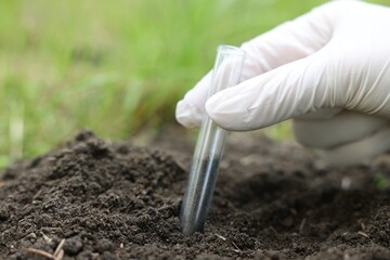 Scientist taking soil sample for research outdoors, closeup. Space for text