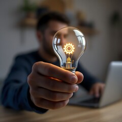 Man holding lightbulb with gear idea concept