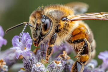 Honey bee collecting pollen on lavender flower in summer