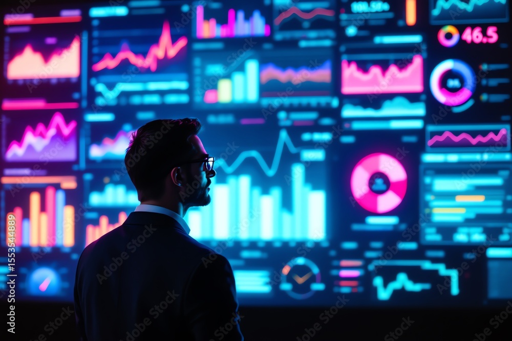 Poster man looking at data information on screen