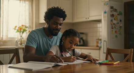 Father patiently helps his daughter with her homework at the kitchen table