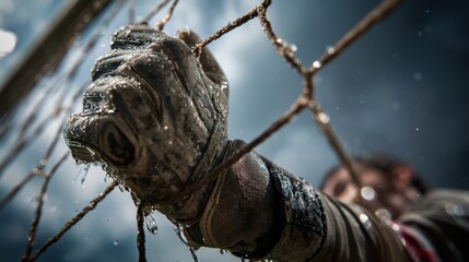 Fototapeta premium Goalkeeper gloves gripping crossbar in dramatic low-angle shot, sweat dripping, net in foreground, intense expression