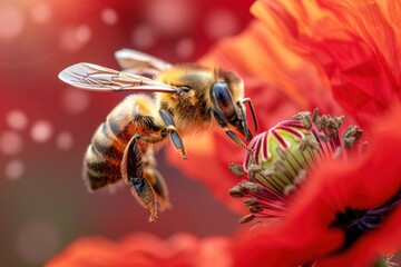 Honey bee collecting pollen from red poppy flower in spring