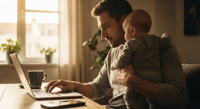 Father working from home with baby on his lap learning new skills