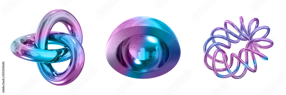 Poster 3D Abstract Shape Objects, 3d rendering metallic gradient shape design element, futuristic, shiny design
