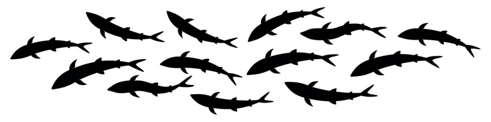 Group of sharks swimming in a curved motion underwater. Symbolic vector illustration of ocean predators, marine wildlife