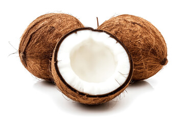 A still life composition featuring two intact brown coconuts with fibrous husks positioned behind a single coconut split in half showcasing its pristine white flesh and inner liquid