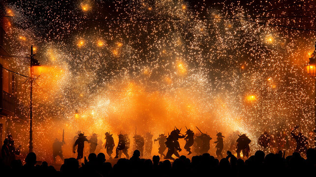 La Patum de Berga Festival Fiery Explosion Scene with Devil Dancers Silhouetted Against Flames and Intense Pyrotechnics Show in Spain