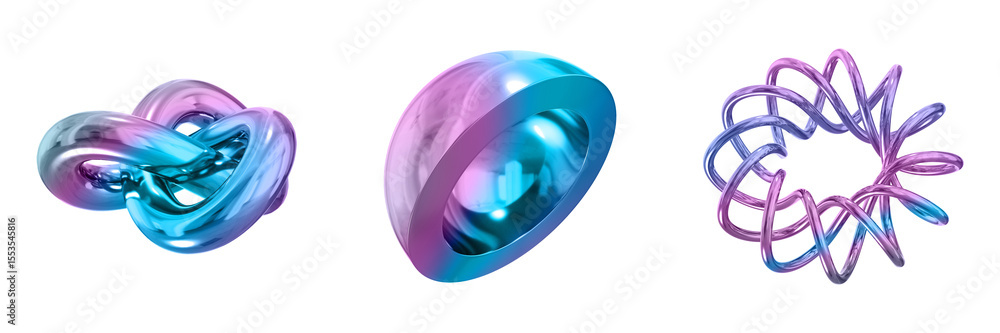 Poster 3D Abstract Shape Objects, 3d rendering metallic gradient shape design element, futuristic, shiny design
