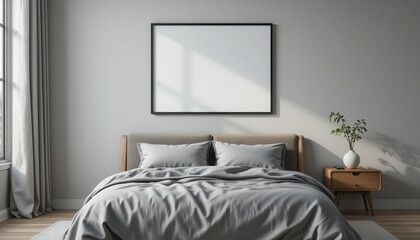 Modern Minimalist Bedroom with Gray Bed and Wooden Side Table for Tranquil Living Space