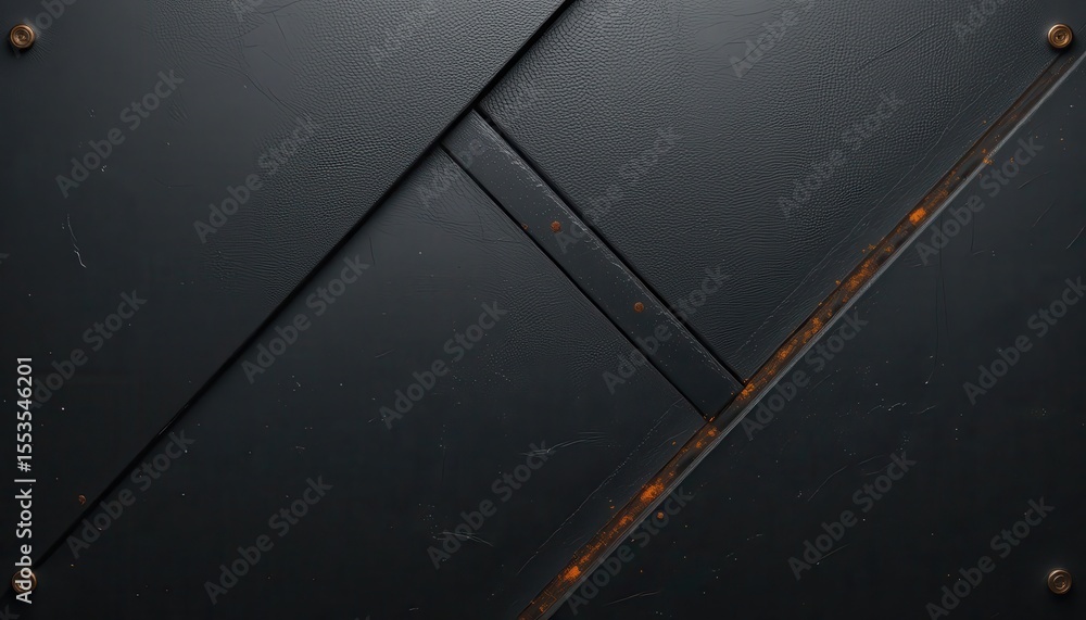Poster textured black surface with diagonal orange line and copper rivets for design background