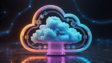 Neon circuit cloud hovering over mirrored data field