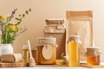 Honey packaging and eco-friendly materials promoting natural and healthy lifestyle