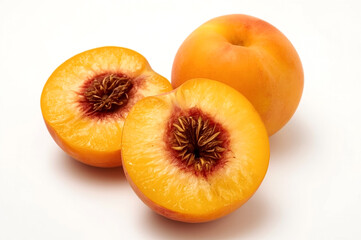 A vibrant studio shot features a whole ripe peach alongside two halves of another peach The cut surfaces showcase the bright yellow flesh red blush and textured brown pits