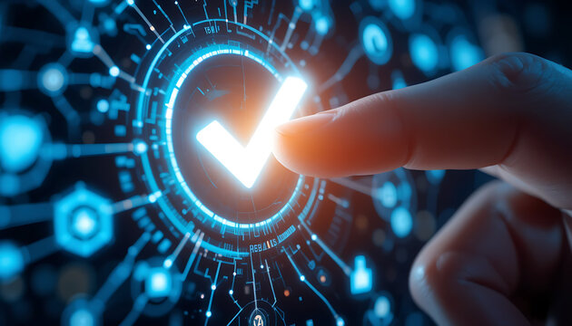 Close up of a finger touching a glowing blue digital checkmark within a futuristic technological interface