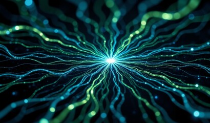 Interconnected Cables Glow With Cerulean And Emerald Light On Dark Obsidian Surface