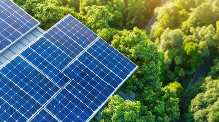 Sustainable solar panels on rooftop surrounded by lush greenery, showcasing eco friendly energy solutions and nature harmony