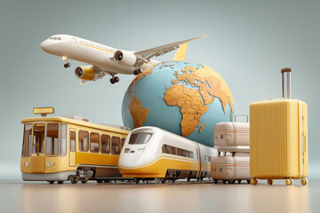 Creative representation of global travel modes surrounding a vibrant world globe