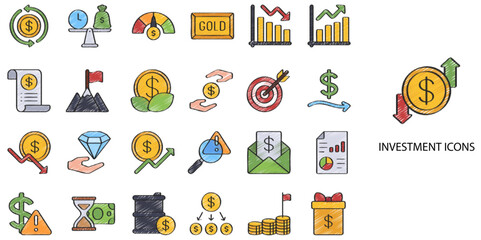 Fototapeta premium Investment simple concept 24 hand drawn color icons set .Vector illustration. 