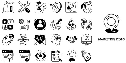 Marketing simple concept 24 hand drawn color icons set .Vector illustration.	