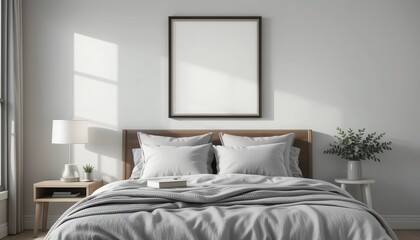 Modern Tranquil Bedroom with Gray Bedspread and Wooden Nightstand in Minimalist Design