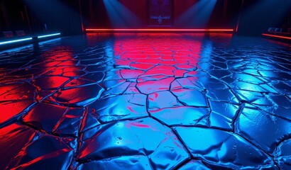 Electric Blue and Crimson Polygon Arena Floor, Futuristic Battle Scene with Neon Lighting