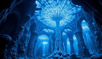 Bioluminescent Neural Network Cathedral: Ethereal Organic Structure in Cerulean Light